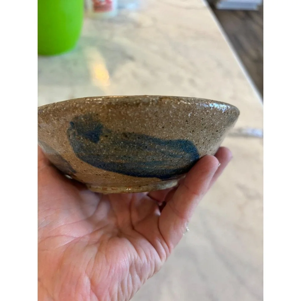 GT Studio Pottery Small Stoneware Bowl Tan Cobalt Blue Abstract Signed 5.5